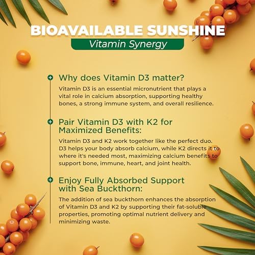 MoxyVites Vitamina D3 K2 5000 IU – Alta Absorción D3 + K2 MK-7 con Aceite de Espino Amarillo y Omega-7 – Soporte Óseo, Cardiaco e Inmunológico para - imagen 4