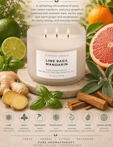 Vela Aromática de Soja de 3 Mechas Lime Basil Mandarin | 15.8 oz | Fragancia Cítrica Herbal Fresca | Larga Duración y Limpia | Ideal para Regalo - imagen 2