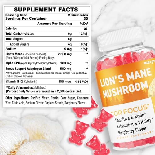 Gomitas Marpvore de Melena de León Orgánicas, con Ashwagandha y Alpha GPC, Suplementos de Cortisol para Adultos, 60 Unidades - imagen 2