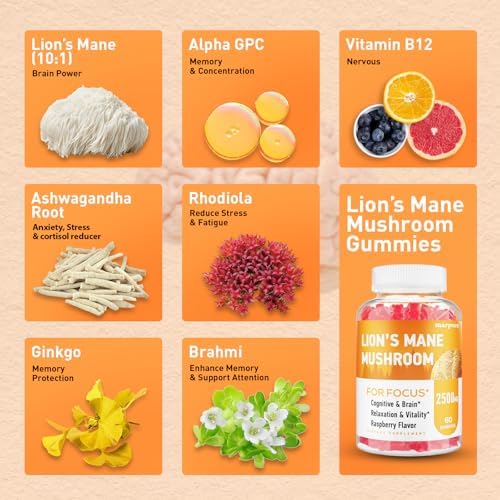 Gomitas Marpvore de Melena de León Orgánicas, con Ashwagandha y Alpha GPC, Suplementos de Cortisol para Adultos, 60 Unidades - imagen 4