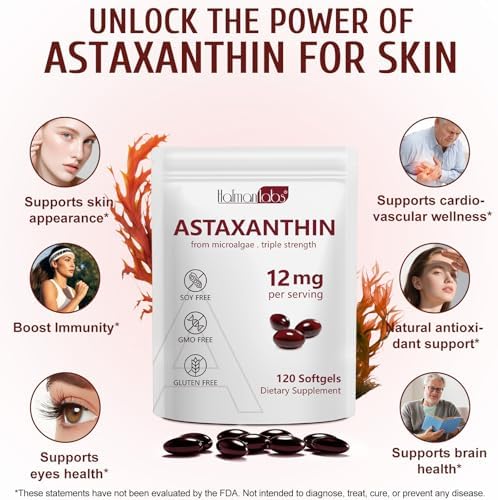 Suplementos de Astaxantina Daiasns 12mg, Antioxidante para Ojos, Articulaciones, Circulación y Piel - No GMO, 120 Gelatinas Blandas - Suministro para - imagen 3