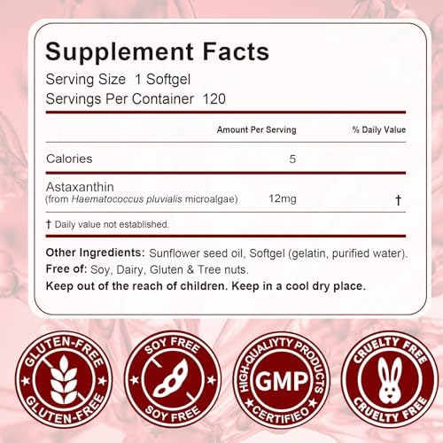 Suplementos de Astaxantina Daiasns 12mg, Antioxidante para Ojos, Articulaciones, Circulación y Piel - No GMO, 120 Gelatinas Blandas - Suministro para - imagen 8