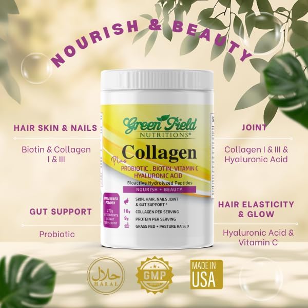 Colágeno Hidrolizado Halal Greenfield Nutrition - 9g de Proteína Halal, Probióticos, Biotina, Ácido Hialurónico y Vitamina C - 277g para Mujeres y - imagen 2