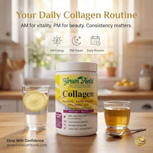 Colágeno Hidrolizado Halal Greenfield Nutrition - 9g de Proteína Halal, Probióticos, Biotina, Ácido Hialurónico y Vitamina C - 277g para Mujeres y - imagen 4