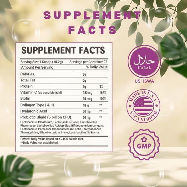 Colágeno Hidrolizado Halal Greenfield Nutrition - 9g de Proteína Halal, Probióticos, Biotina, Ácido Hialurónico y Vitamina C - 277g para Mujeres y - imagen 7