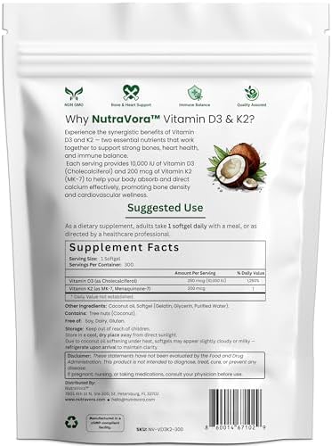 Suplemento de Vitamina D3 K2 NutraVora – 10,000 UI D3 (Colecalciferol) con 200 mcg K2 MK-7 – Soporte Óseo, Cardiaco e Inmunológico – Mejorado con - imagen 2