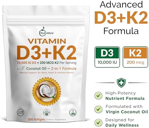 Suplemento de Vitamina D3 K2 NutraVora – 10,000 UI D3 (Colecalciferol) con 200 mcg K2 MK-7 – Soporte Óseo, Cardiaco e Inmunológico – Mejorado con - imagen 3
