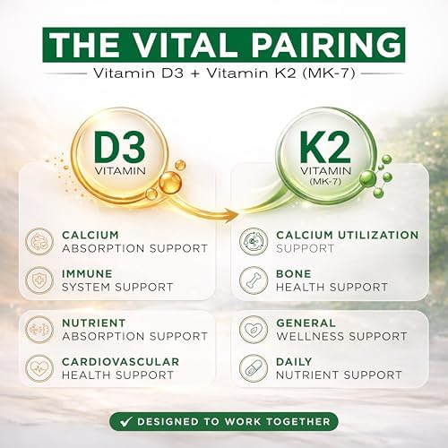 Suplemento de Vitamina D3 K2 NutraVora – 10,000 UI D3 (Colecalciferol) con 200 mcg K2 MK-7 – Soporte Óseo, Cardiaco e Inmunológico – Mejorado con - imagen 4