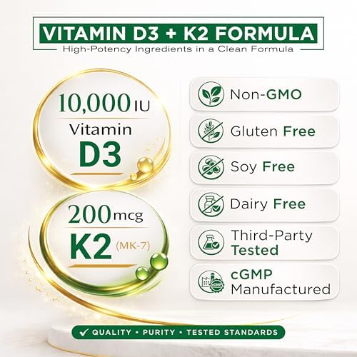 Suplemento de Vitamina D3 K2 NutraVora – 10,000 UI D3 (Colecalciferol) con 200 mcg K2 MK-7 – Soporte Óseo, Cardiaco e Inmunológico – Mejorado con - imagen 6