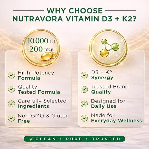 Suplemento de Vitamina D3 K2 NutraVora – 10,000 UI D3 (Colecalciferol) con 200 mcg K2 MK-7 – Soporte Óseo, Cardiaco e Inmunológico – Mejorado con - imagen 7