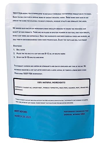 Test-Tea | Té Herbal Aumentador de Testosterona para Hombres | Sabor Jengibre y Hierba Limón | Bolsa de 20 Paquetes | con Tongkat Ali, Tribulus - imagen 3