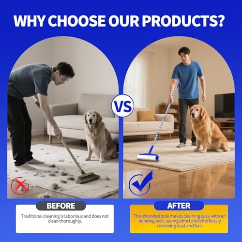 Rodillo Adhesivo Extra Grande de 9.84, Mango Largo de 58.3 para Quitar Pelusa, 7 Rodillos para Ropa, Pelo de Mascotas, Muebles y Limpieza de Paredes - imagen 2