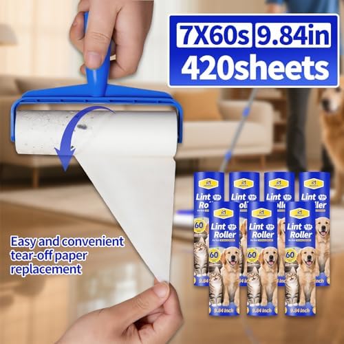 Rodillo Adhesivo Extra Grande de 9.84, Mango Largo de 58.3 para Quitar Pelusa, 7 Rodillos para Ropa, Pelo de Mascotas, Muebles y Limpieza de Paredes - imagen 5