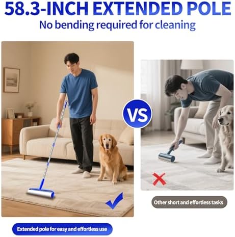 Rodillo Adhesivo Extra Grande de 9.84, Mango Largo de 58.3 para Quitar Pelusa, 7 Rodillos para Ropa, Pelo de Mascotas, Muebles y Limpieza de Paredes - imagen 7