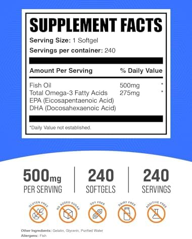Suplementos de Aceite de Pescado BulkSupplements.com 500mg - Omega 3, 240 Cápsulas Blandas, Sin Gluten, 1 Cápsula por Porción - imagen 2