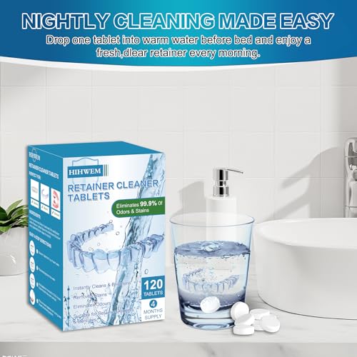Tabletas Limpiadoras para Retenedores, Limpiador Efervescente para Dentaduras - 120 Piezas, Suministro para 4 Meses, Elimina Manchas y Olores para - imagen 7