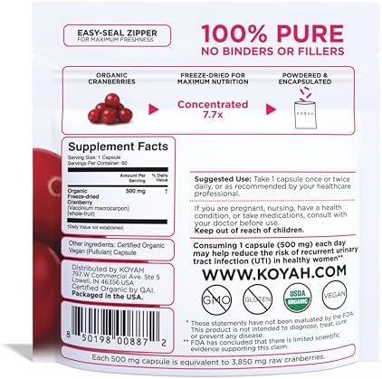 KOYAH - Cápsulas Orgánicas de Arándano - Frutas Enteras Liofilizadas - 500 mg por Cápsula - Soporte para el Tracto Urinario y Antioxidante - 60 - imagen 2
