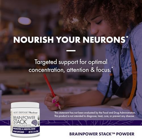 Host Defense BrainPower Stack en Polvo - Suplemento de Soporte Cerebral con Melena de León, Niacina (B3) y Vitamina B12 - 100g (66 Porciones) - imagen 5