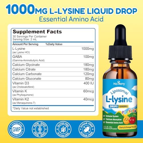 Gotas Líquidas NaSeny L-Lisina Liposomal 1000MG para Niños y Adultos, Suplemento con Calcio, GABA, Vitamina D3, K, K2 - 2 FL OZ - imagen 2