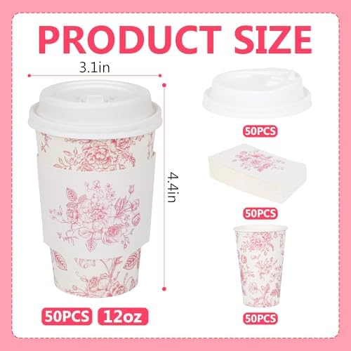 Elyxio 50 Piezas de Vasos Desechables de Café Florales Rosa con Tapas y Mangas 12oz para Fiestas de Cumpleaños, Bodas y Baby Shower - imagen 2