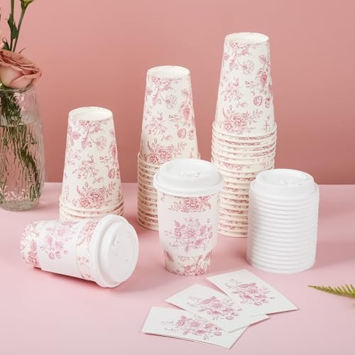 Elyxio 50 Piezas de Vasos Desechables de Café Florales Rosa con Tapas y Mangas 12oz para Fiestas de Cumpleaños, Bodas y Baby Shower - imagen 3