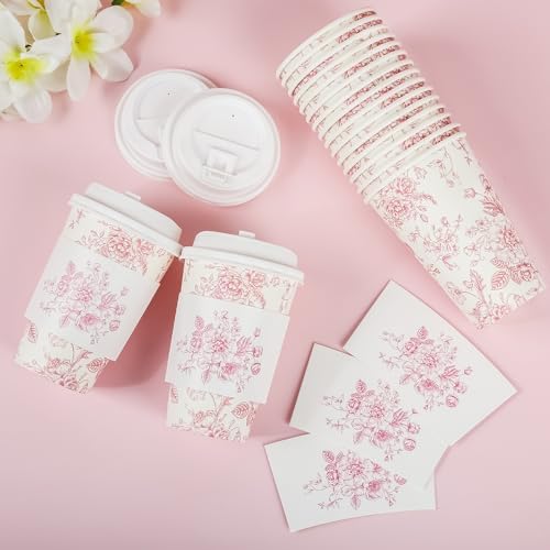 Elyxio 50 Piezas de Vasos Desechables de Café Florales Rosa con Tapas y Mangas 12oz para Fiestas de Cumpleaños, Bodas y Baby Shower - imagen 4