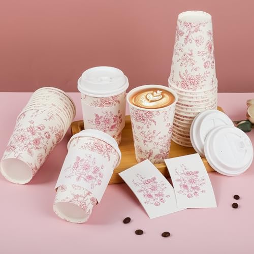 Elyxio 50 Piezas de Vasos Desechables de Café Florales Rosa con Tapas y Mangas 12oz para Fiestas de Cumpleaños, Bodas y Baby Shower - imagen 5