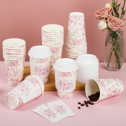 Elyxio 50 Piezas de Vasos Desechables de Café Florales Rosa con Tapas y Mangas 12oz para Fiestas de Cumpleaños, Bodas y Baby Shower - imagen 6