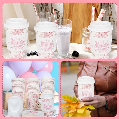 Elyxio 50 Piezas de Vasos Desechables de Café Florales Rosa con Tapas y Mangas 12oz para Fiestas de Cumpleaños, Bodas y Baby Shower - imagen 7