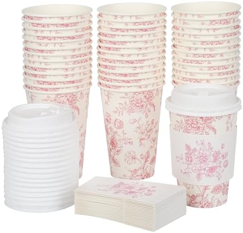 Elyxio 50 Piezas de Vasos Desechables de Café Florales Rosa con Tapas y Mangas 12oz para Fiestas de Cumpleaños, Bodas y Baby Shower - imagen 8