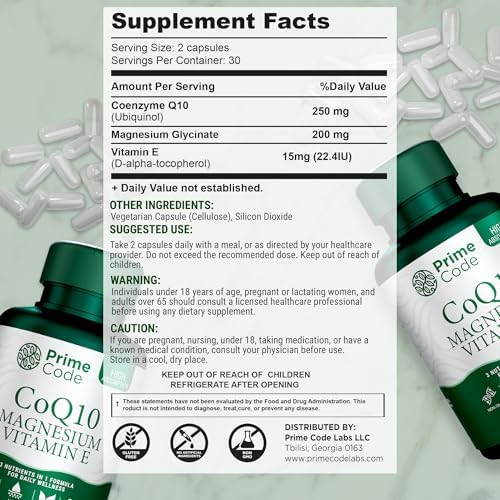 Code [3 en 1] CoQ10 250mg con Magnesio Glicinato y Vitamina E | Cápsulas de CoQ10 250mg | Magnesio Glicinato 200mg | Vitamina E 15mg | Sin OGM | - imagen 2