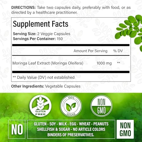 Cápsulas de Moringa | 300 Cápsulas | Moringa Oleifera | 100% Puras y Naturales | Suplemento Sin OGM y Sin Gluten | Superalimento Verde Completo | - imagen 5