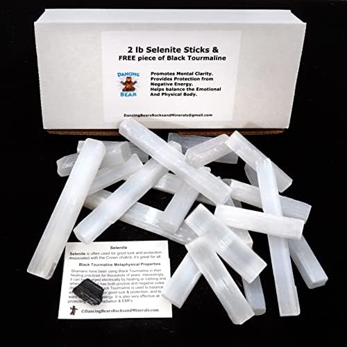 Bastones de Selenita Pequeños DANCING BEAR de 2 Libras - Premium, Seleccionados a Mano, Incluye Tourmalina Negra y Tarjetas Educativas, Reiki, - imagen 2