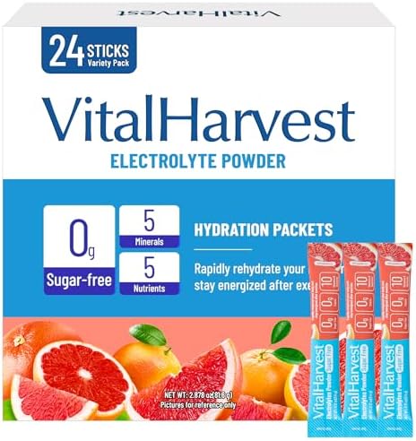 VitalHarvest 24 Paquetes de Polvo de Electrolitos Sin Azúcar, 7 Sabores, Hidratación Líquida, Mezcla para Bebida Diaria IV, Bajo en Sodio, Toronja - imagen 1