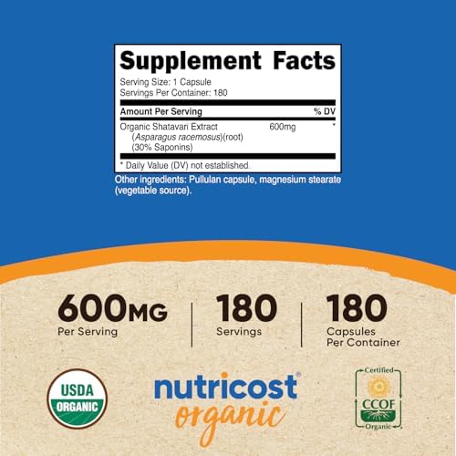 Nutricost Shatavari 600mg, 180 Cápsulas - Certificado CCOF, Orgánico, No GMO, Sin Gluten, Apto para Vegetarianos - imagen 2