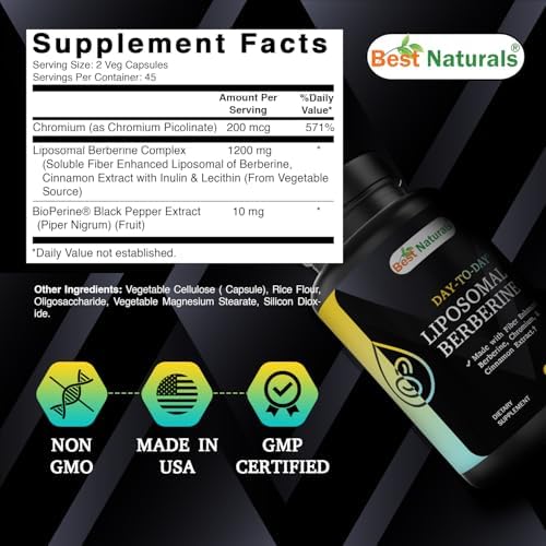 Best Naturals Berberina Liposomal 1200 mg con Bioperine - 90 Cápsulas Veganas con Cromo, Extracto de Canela y Fibra. - imagen 2