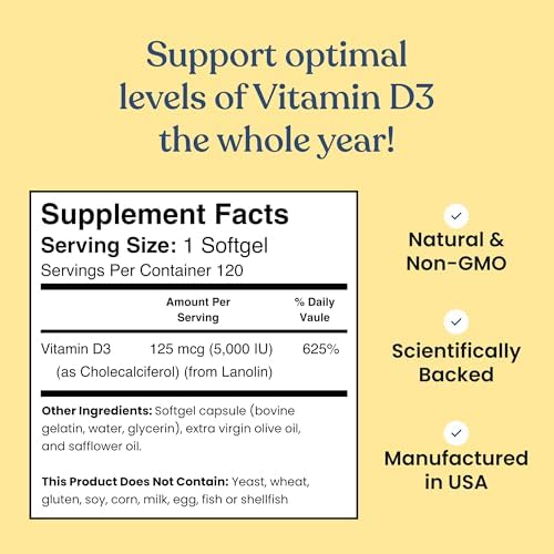 Suplemento de Vitamina D3 5000 IU de Better Way Health – Softgels de alta potencia para salud inmune y ósea – No GMO, sin lácteos, 120 softgels - imagen 7