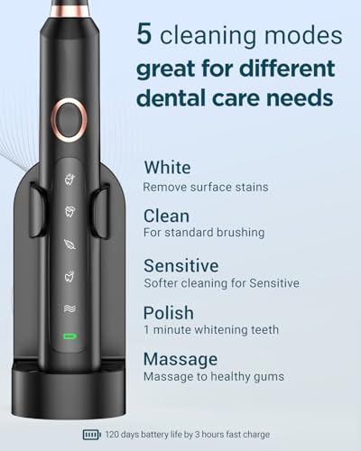 Cepillo de Dientes Eléctrico Rtauys para Adultos, 8 Cabezas de Cepillo y Estuche de Viaje, 5 Modos con Temporizador Inteligente de 2 Minutos, Carga - imagen 5