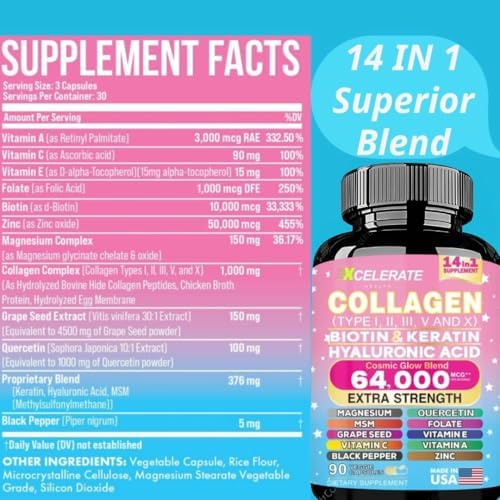 Suplemento de Colágeno 14 en 1 - Péptidos Tipo I II III V X, Biotina, Queratina, Ácido Hialurónico, Folato, Zinc, Quercetina, Vinagre de Sidra de - imagen 2