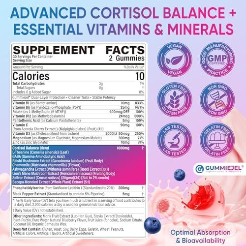 Gomitas de Cortisol para Hombres y Mujeres, Suplemento Reductor de Cortisol 19 en 1 con Vitaminas B, Magnesio, Ashwagandha, Azafrán y Más, 60 Unidades - imagen 2