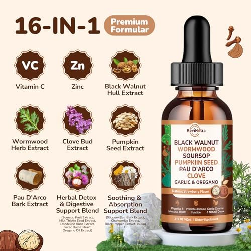 ReviNutra Limpieza de 16 en 1 con Ajenjo, Nogal Negro y Clavo para Humanos, Gotas Líquidas con Aceite de Soursop y Orégano, 2 Fl Oz, Sabor Fresa - imagen 2