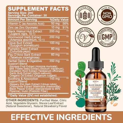 ReviNutra Limpieza de 16 en 1 con Ajenjo, Nogal Negro y Clavo para Humanos, Gotas Líquidas con Aceite de Soursop y Orégano, 2 Fl Oz, Sabor Fresa - imagen 7