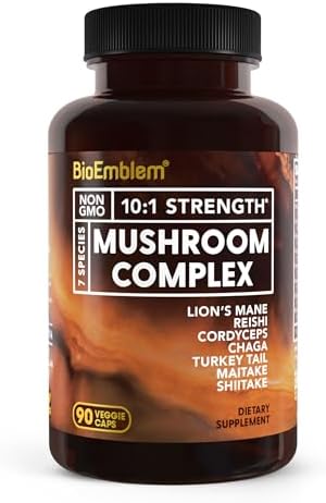 Complejo de Hongos BioEmblem - 10:1, 7 Especies - Melena de León, Reishi, Cordyceps, Chaga, Maitake, Shiitake - Suplemento Vegano de Inmunidad, - imagen 1