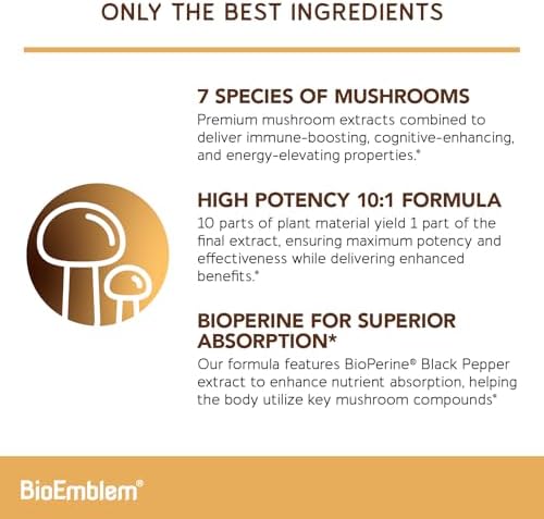 Complejo de Hongos BioEmblem - 10:1, 7 Especies - Melena de León, Reishi, Cordyceps, Chaga, Maitake, Shiitake - Suplemento Vegano de Inmunidad, - imagen 2