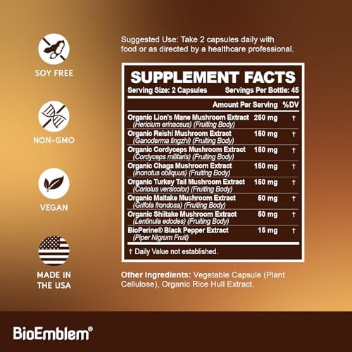 Complejo de Hongos BioEmblem - 10:1, 7 Especies - Melena de León, Reishi, Cordyceps, Chaga, Maitake, Shiitake - Suplemento Vegano de Inmunidad, - imagen 5