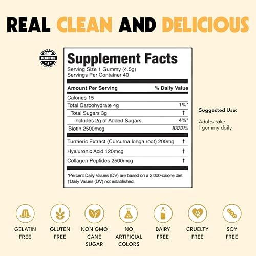 JUGO Beauty + SUPERFOODS Gomas de Colágeno para Cabello, Piel y Uñas, Ácido Hialurónico y Cúrcuma, Sin Crueldad, Sin Gelatina, 40 piezas - imagen 5