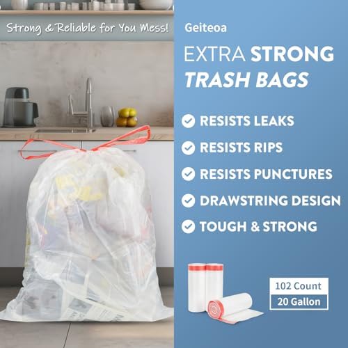 Bolsas de Basura Geiteoa de 20 Galones, Resistentes y Grandes con Cinta (102 Piezas) para Cocina, Oficina y Jardín, Transparentes - imagen 2
