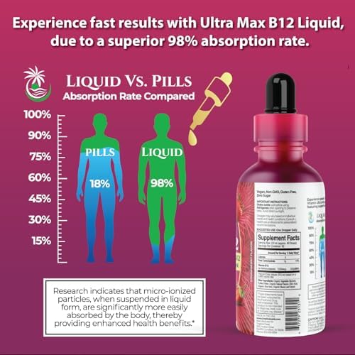 Ultra Max B12 Orgánico USDA | Gotas Líquidas de 7500mcg de Vitamina B12 | Methylcobalamin | Máxima Absorción 98% | Promueve Energía | Vegano, No GMO, - imagen 3