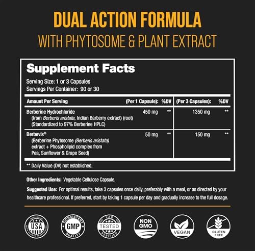 Suplemento de Berberina NutraChamps | Ultra Alta Potencia 97% Pureza | Berberina HCL 1500mg + Extracto de Berbevis Phytosome para Mejor Absorción y - imagen 3