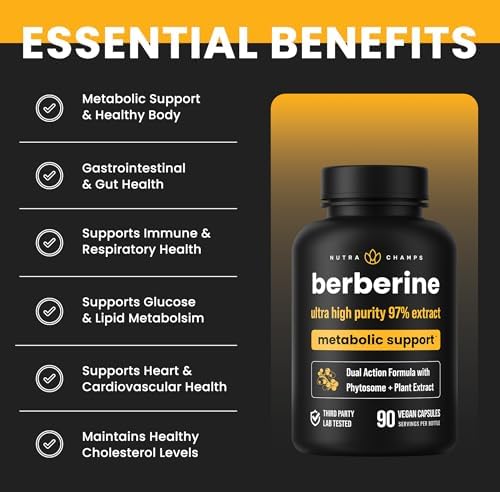 Suplemento de Berberina NutraChamps | Ultra Alta Potencia 97% Pureza | Berberina HCL 1500mg + Extracto de Berbevis Phytosome para Mejor Absorción y - imagen 4